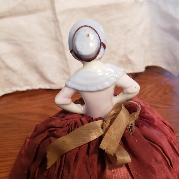 Antique Porcelain Half Doll Pincushion with Dark Red Silk Skirt - Picture 8 of 11